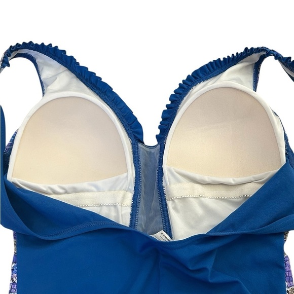 NWT SUN & SEA SEXY BLUE PURPLE PRINT RUFFLE ONE-PIECE SWIMSUIT, SIZE M - Picture 4 of 9